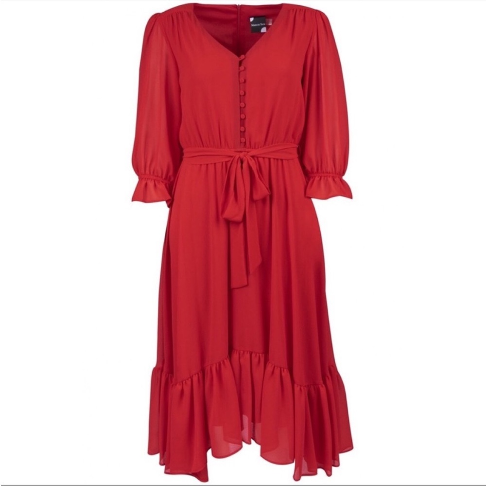 Maison Tara Red Chiffon 3/4 Sleeve Ruffle Hem Tie Waist Button Bodice Midi Dress